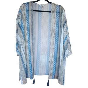 Christopher & Banks Sheer Kimono Women's Small Blue Beige Geometric Design